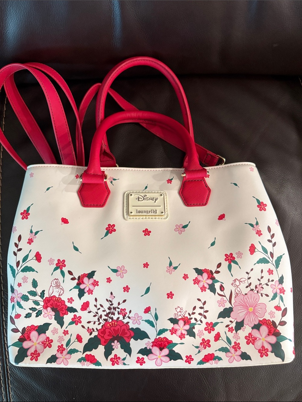 Loungefly Winnie the Pooh White Tote with Pink Floral Accents